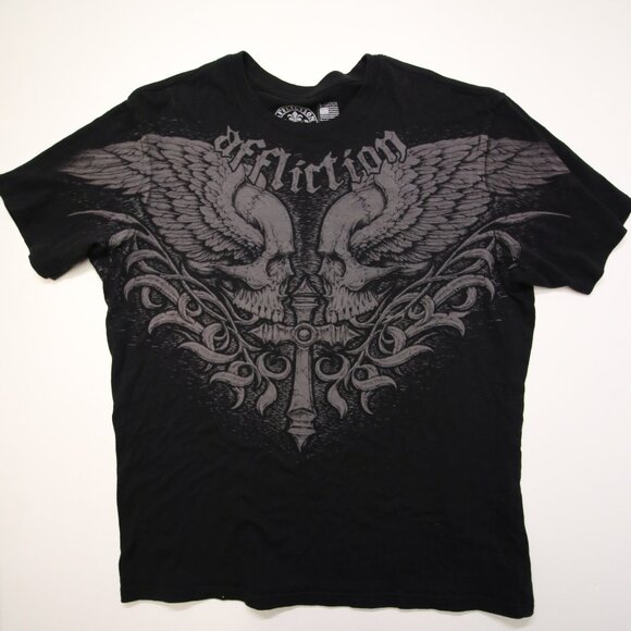 Affliction T-Shirt Mens XL Skulls Wings Cross Live Fast Cyber Grunge Y2K - Picture 2 of 9